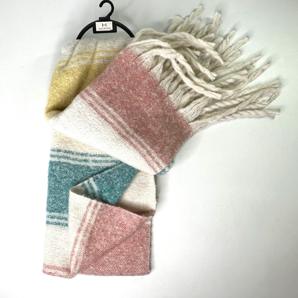 Halston Chunky Blanket Scarf Striped Fringe Pink Yellow Blue‎ White 75 x 36" NEW